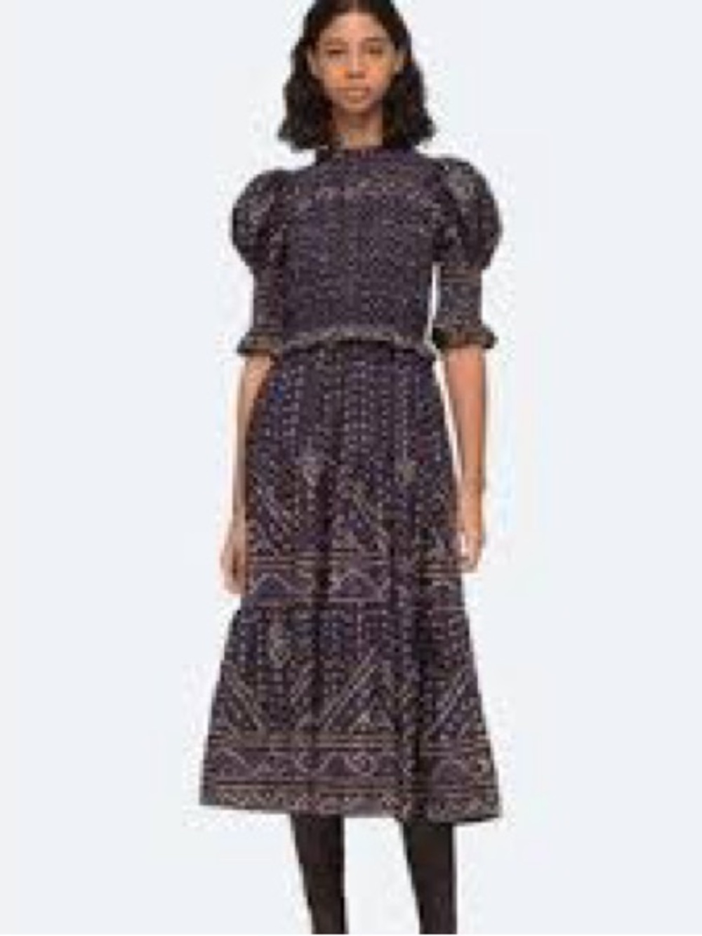 Sea Navy and Gold Smocked Maxi Dress with Puff Sleeves